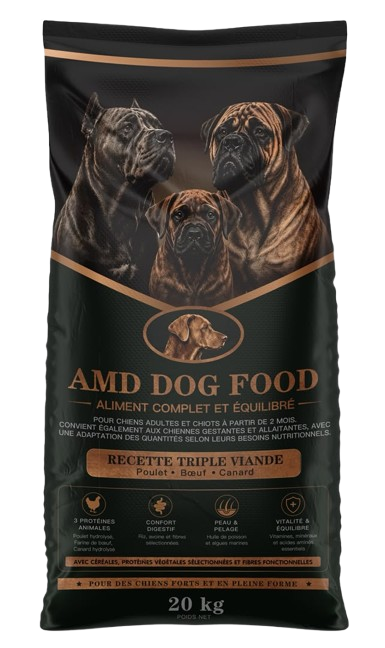 Packaging du sac AMD Dog Food, recette Triple Viande, 20 kg